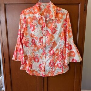 Tyler Boe Floral Button-Up Blouse With Ruffle Sleeves - Orange and Pink